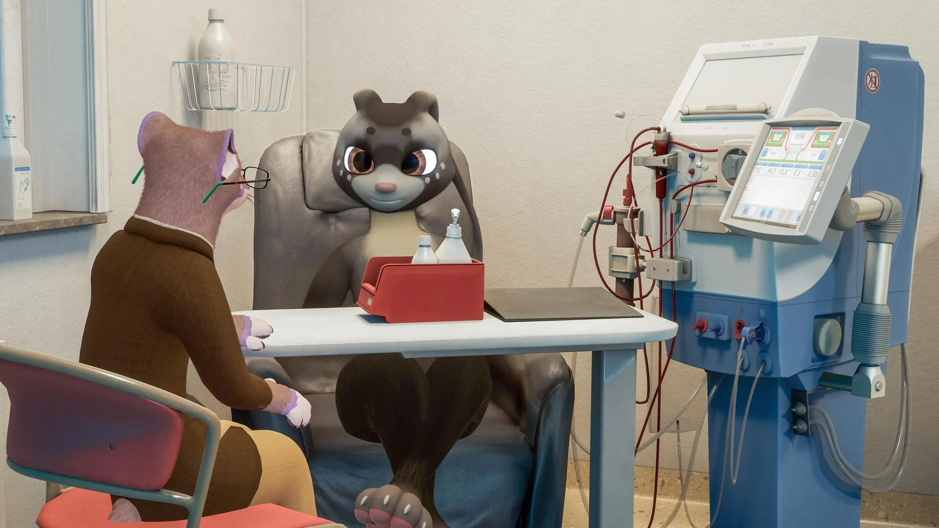 Photographotter keeping Hiyu company during a vitual recreated dialysis session.